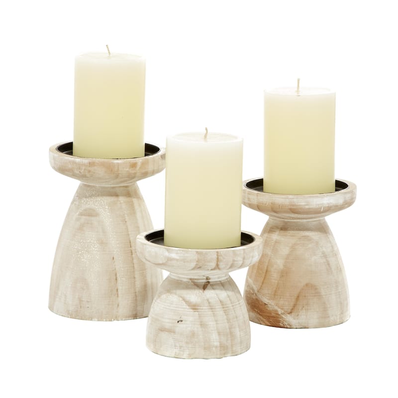 Wood Pillar Candle Holder with White Wash Finish - Set of 3 Black or Brown - Roche River Decor - Brown