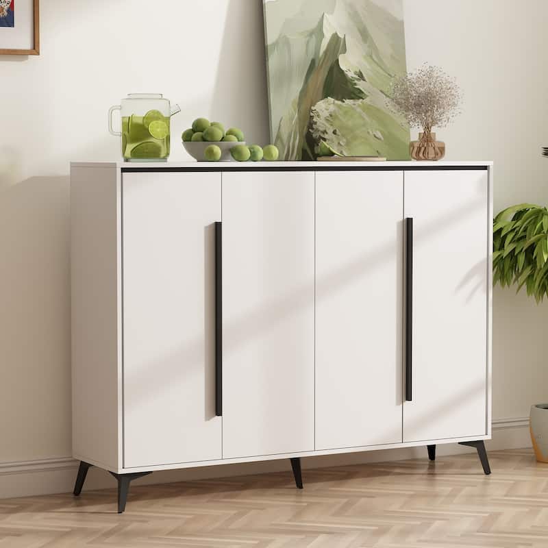 4 Door White Entryway Shoes Storage Cabinet Adjustable Shelf Sideboard - White