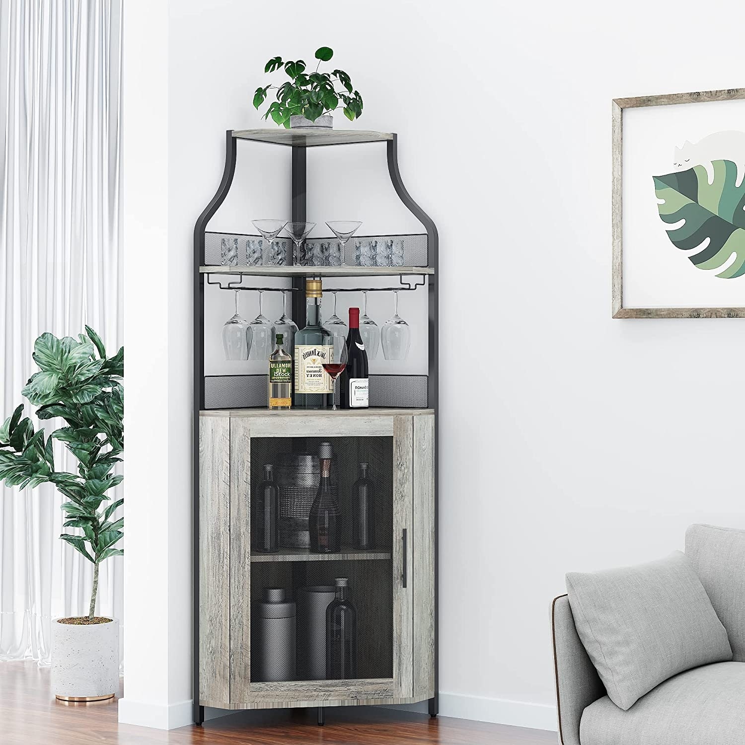 Cier 64inch Tall Wood Corner Bar Cabinet with Removable Shelves