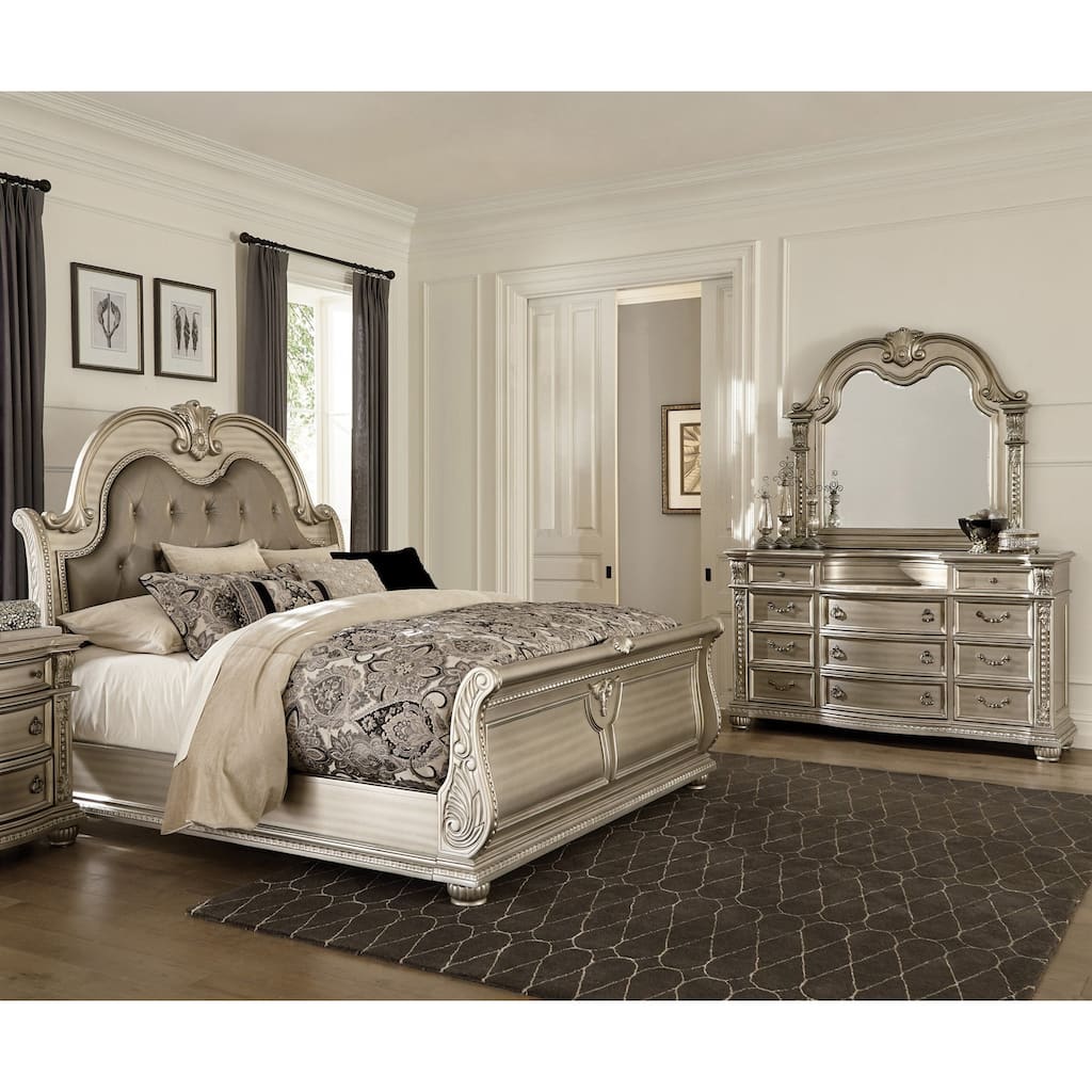 Traditional 3pc Bedroom Set Formal Bed Dresser Mirror Silver Finish