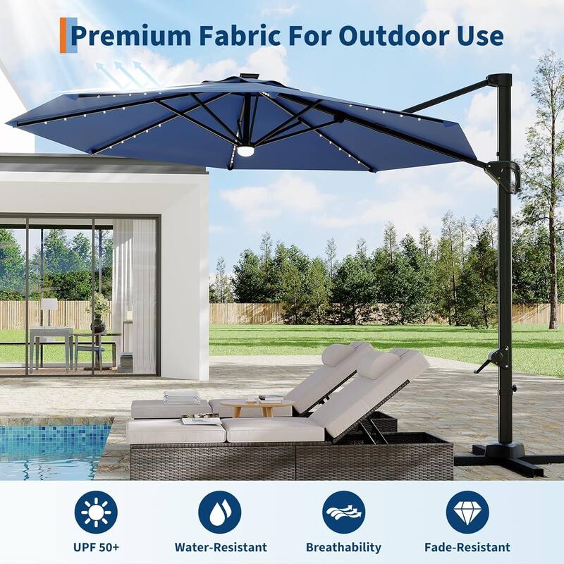 10FT Cantilever Patio Umbrella with Solar Lights, 360° Rotation Offset Umbrella