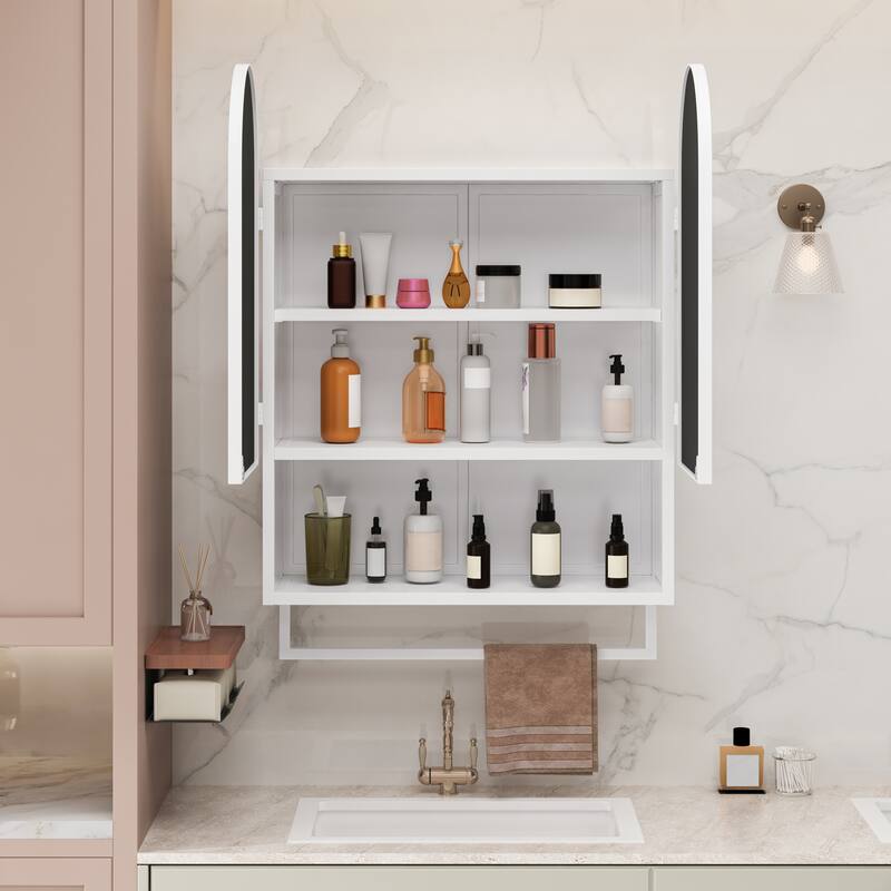 Mirror Cabinet with 2 Arched Doors, Wall Mounted Bathroom Medicine Cabinet, Metal Wall Cabinet with Open Shelf & Towel Rack