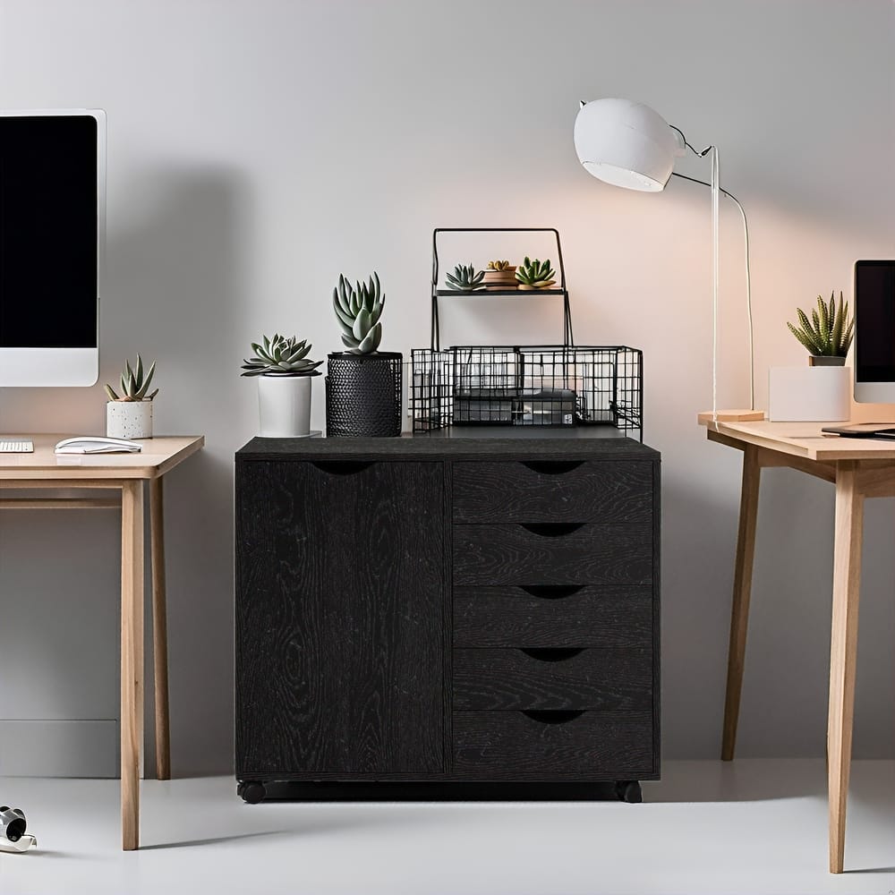 5-Drawer Wood Storage Dresser Cabinet with Wheels - Craft Organizer and Makeup Drawer Unit for Closet and Bedroom