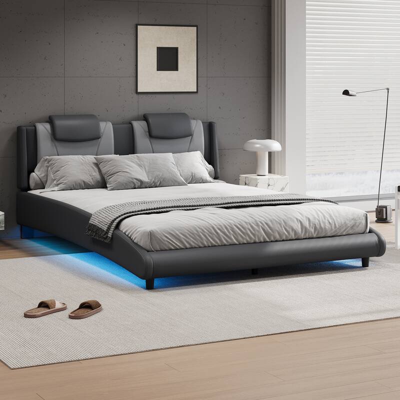 Modern Full Size PU Upholstered Platform Bed Frame with LED Lights and Adjustable Headboard, No Box Spring Needed
