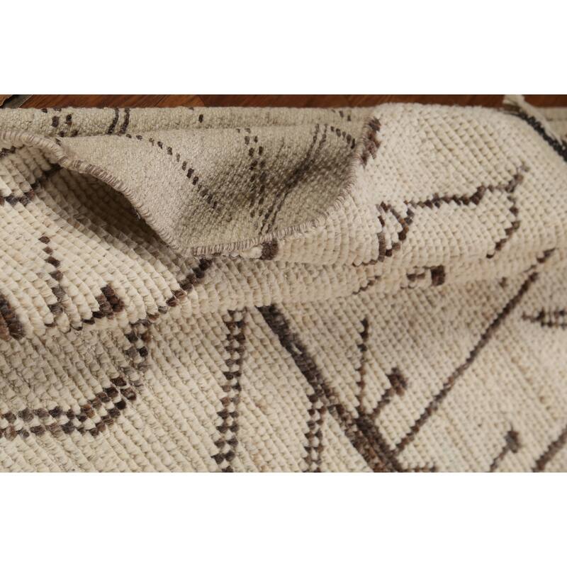 Geometric Ivory Moroccan Oriental Runner Rug Hand-Knotted Wool Carpet - 3'10"x 12'7"