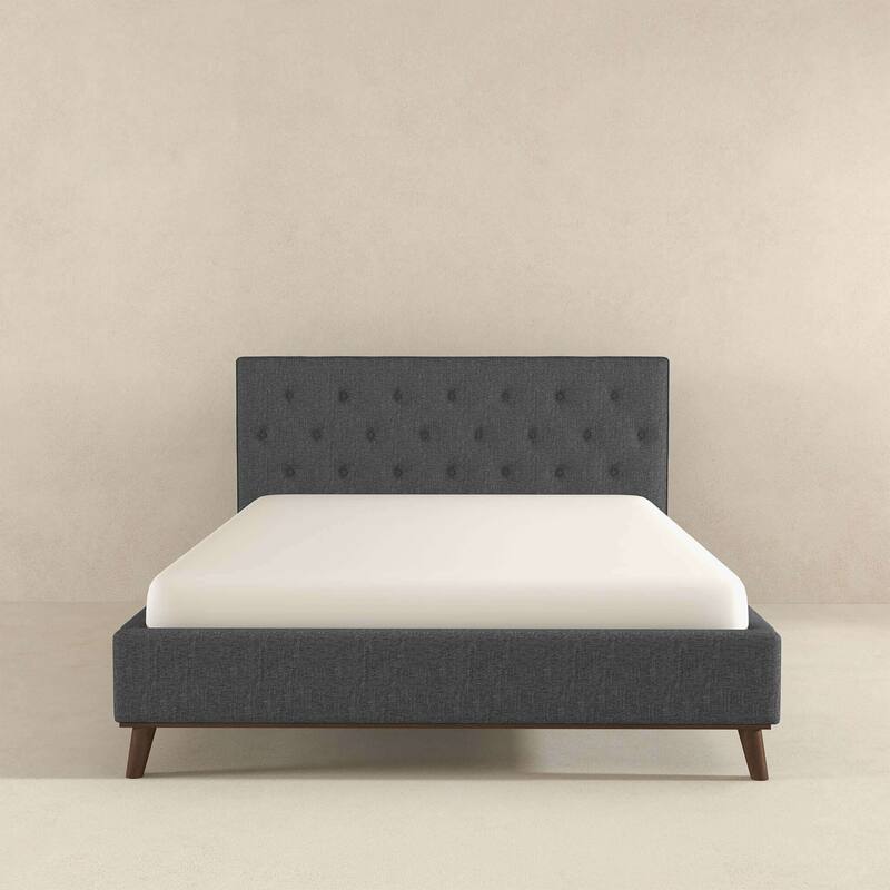 Queen Size Modern Upholstered Platform Bed with Tall Tufted Headboard, Solid Wood Legs, No Box Spring, Grey Fabric Finish