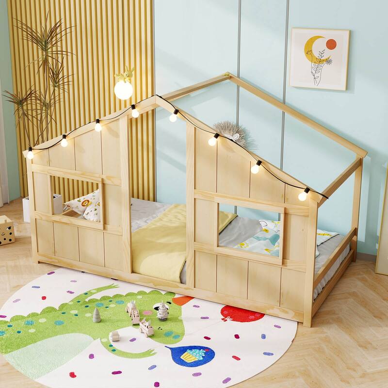 Costway Twin Size House Floor Bed with LED Lights Solid Wood Bed Frame