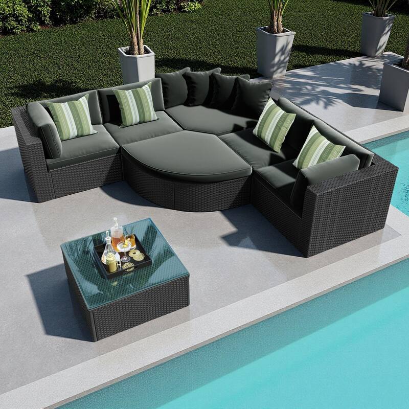 7-Piece Outdoor Patio Sectional Sofa Set with Coffee Table and Striped Pillows, Free Combination - Gray