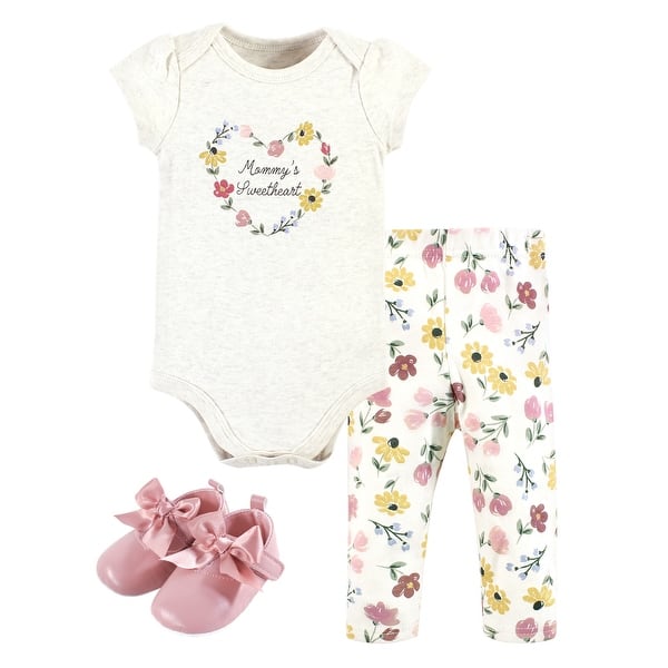 slide 1 of 1, Hudson Baby Infant Girl Cotton Bodysuit, Pant and Shoe Set, Soft Painted Floral 0-3 Months - Soft Painted Floral Short Sleeve