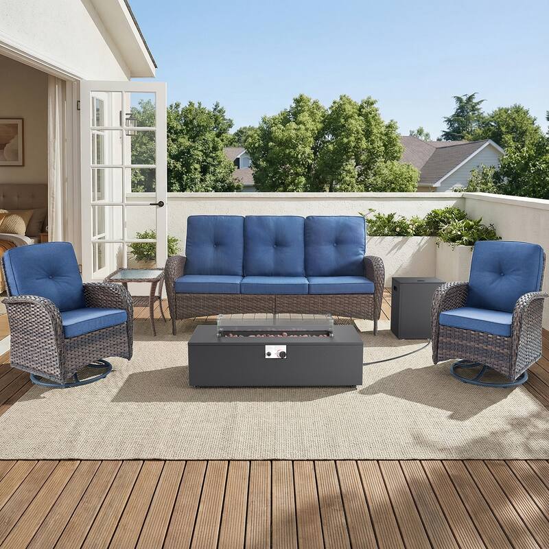 Pocassy Outdoor Sofa Swivel Chair Set with Fire Pit Table - Brown Wicker Blue Cushion - 5-Piece Sofa Swivel Chair with Fire Pit Table