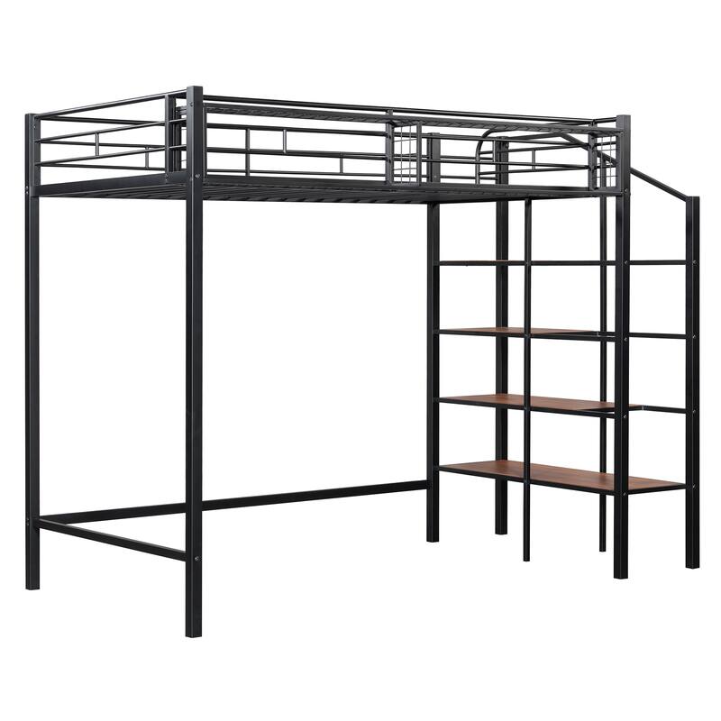 Twin Size Metal Loft Bed with Upper Grid Storage Shelf and Lateral Storage Ladder