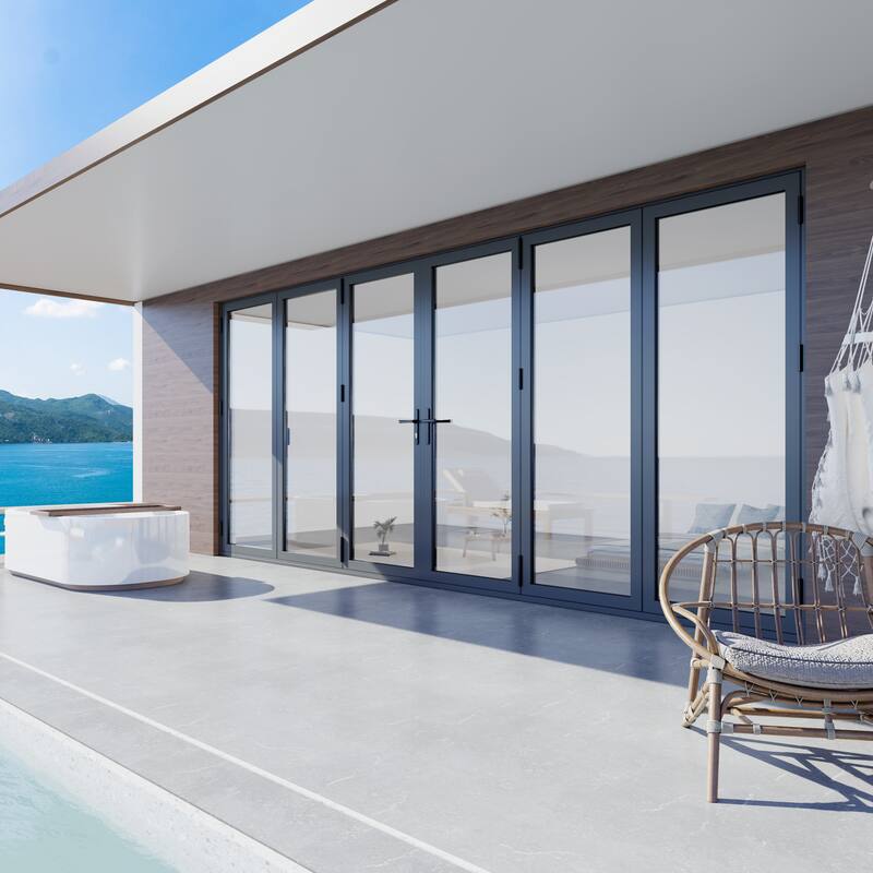 KaMic 192"×80" 6 Panels Aluminum Folding Door In Black,Folded Out From Dual Open Model #:FD6PBK19280-DO