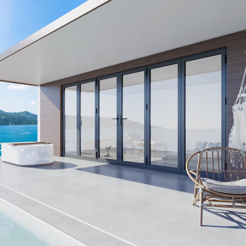 KaMic 192"×96" 6 Panels Aluminum Folding Door In Black,Folded Out From Dual Open Model #:FD6PBK19296-DO