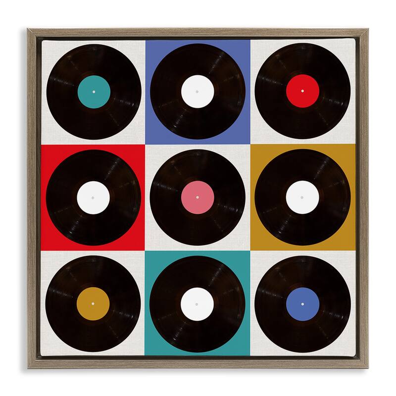 Stupell Geometric Music Records Framed Floater Canvas Wall Art Design By Katrina Craven - 25 x 25 - Brown