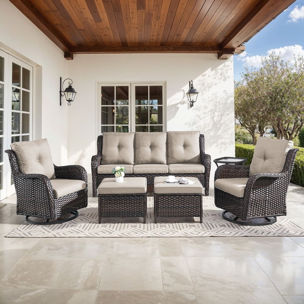 Gymojoy 6-Piece Outdoor Wicker Patio Set with Swivel Rockers, 3-Seater Sofa & Ottomans