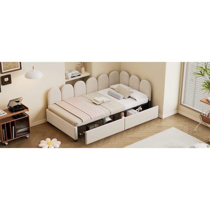 Twin Size Velvet Upholstered Daybed with 2 Drawers and Soft Fabric Headboard for Bedroom
