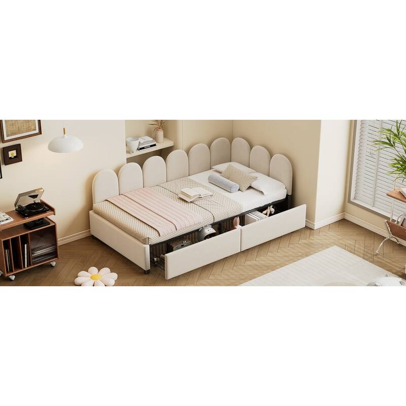 Velvet Daybed with Drawers and Soft Headboard