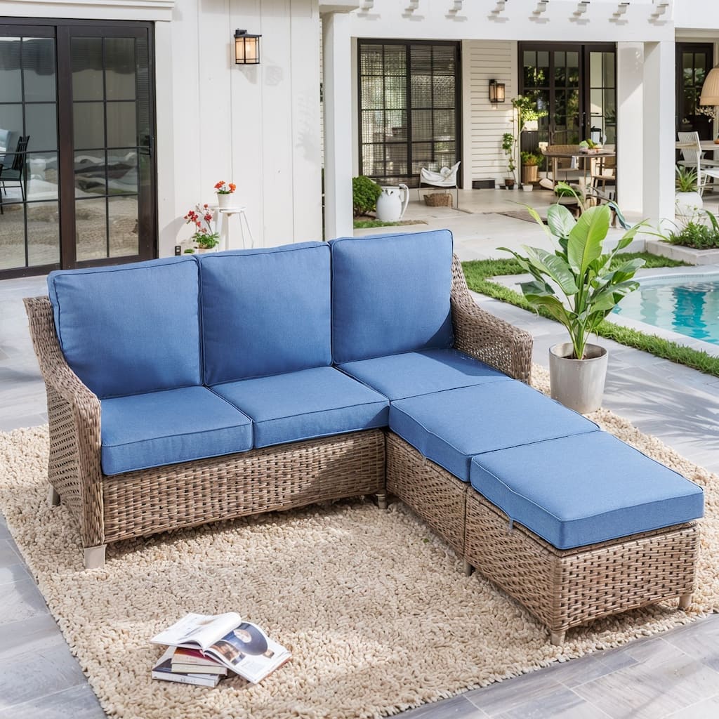 3 Piece Patio Sofa Ottoman Furniture Set - Brown