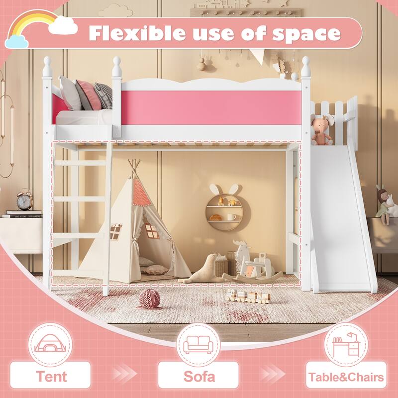 Full/Queen Loft Bed with Storage Shelves, Cabinet & Detachable Slide, Solid Wood Loft Bed with Ladders, No Box Spring