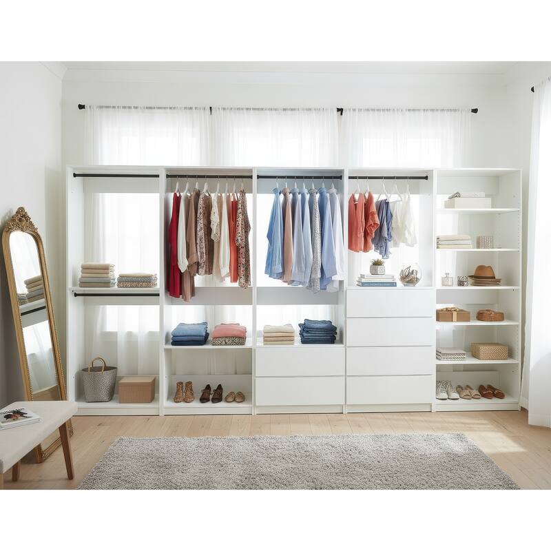 Prosper White Freestanding Walk in Wood Closet System - 157"W x 15.7"D x 83" H