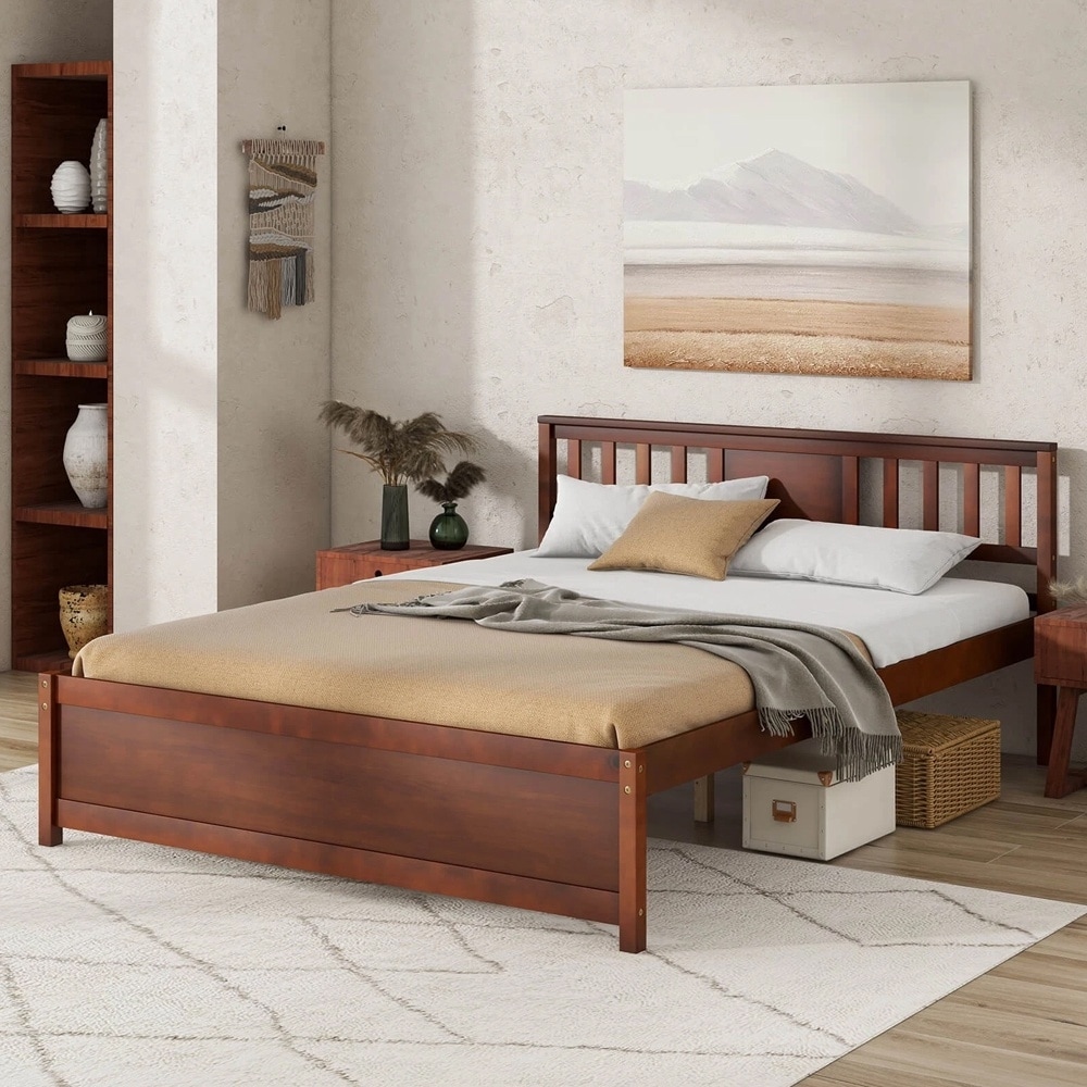 Queen Size Bed Frame Headboard Wood Slat Support No Box Spring Needed