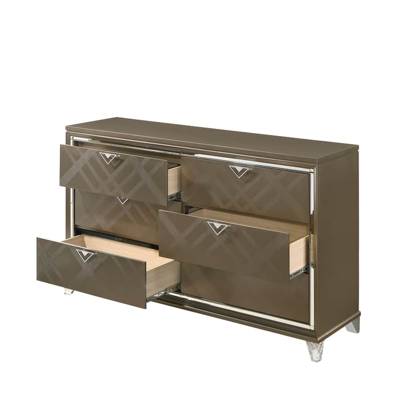 6 Drawer Wooden Dresser with Mirror Accent and Acrylic Legs, Taupe Brown