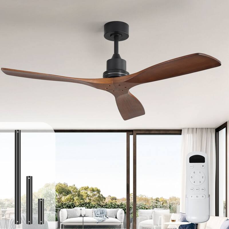 Sofucor 48/52 Inch Ceiling Fan with Light, Solid Wood Blades for Living Room, Bedroom,Smart Optional - 52"-Remote Control-Non-light - Black with Walnut Blades