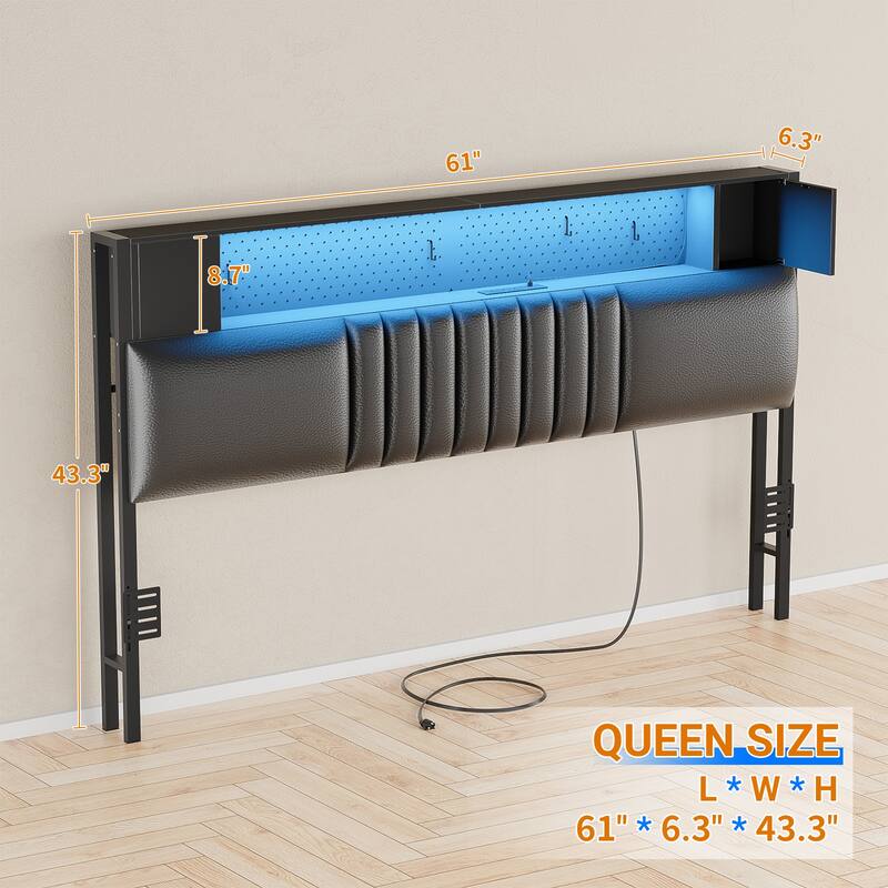 Upholstered Headboard with Storage Shelf and Small Cabinet, Headboard Power Outlet and LED Light