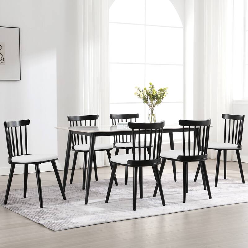 Solid Wood Spindle Back Windsor Dining Chairs Set of 2 - 33.3"H x 17.72"W x 19.7"D - Set of 6 - Black+White Cushion