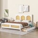 preview thumbnail 1 of 19, Queen Size Wood Storage Platform Bed with 2 Drawers, Rattan Headboard and Footboard White