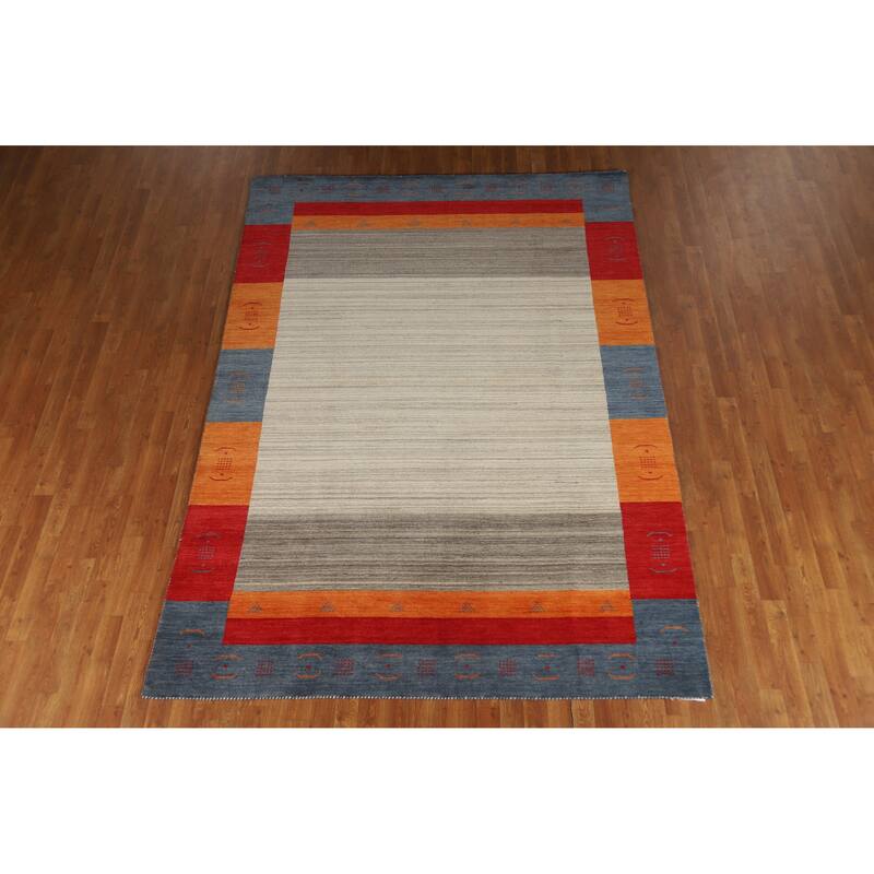 Hand Knotted Oriental 100% Wool Carpet Tribal Bordered Beige & Ivories Gabbeh Area Rug - 9' 9'' X 6' 8''