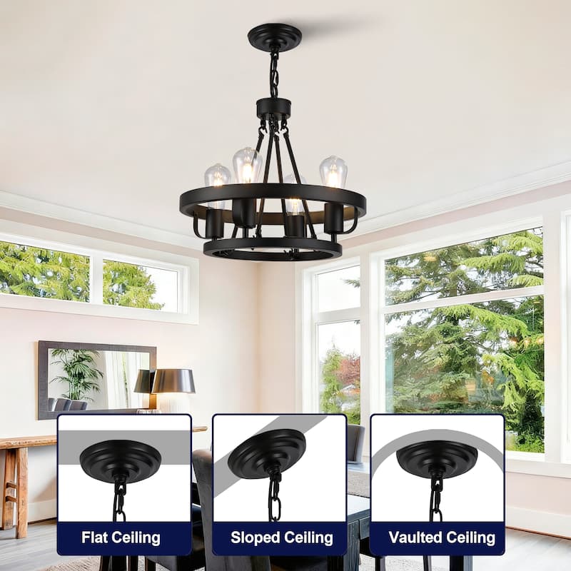 Four-Light Plug-In Pendant Lamp, Carriage Wheel Design, Circular Metal Pendant With 39.5-Foot Chain, For Bedrooms Dining Rooms