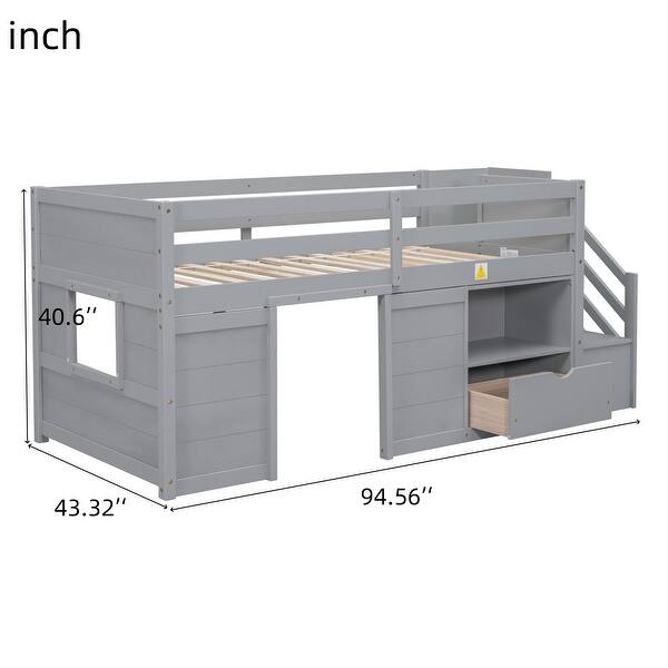 dimension image slide 0 of 2, Nestfair TWIN BED, SOLID WOOD TWIN SIZE LOW LOFT BED WITH STAIR and DRAWER