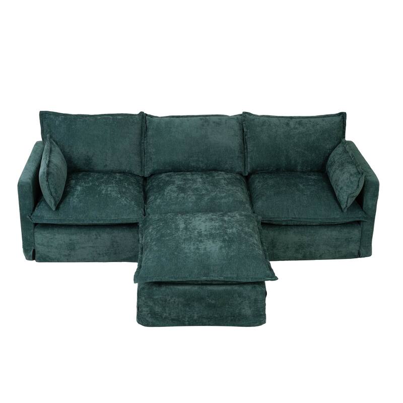 93.31" Linen Modular Sectional Sofa with Movable Ottoman, Solid Wood Frame, and High-Resilience Foam Cushions