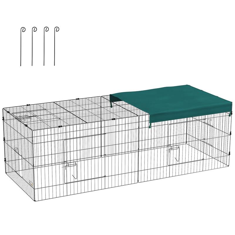 PawHut 87" L Metal Chicken Playpen, Small Animal Cage, Pet Playpen Yard Fence for Rabbits, Chinchillas with Roof - Green