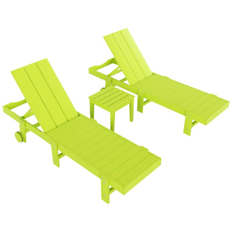 Polytrends Shoreside Modern Poly Eco-Friendly All Weather Reclining Pool Chaise Lounge With Wheels and Side Table (3-Piece Set)
