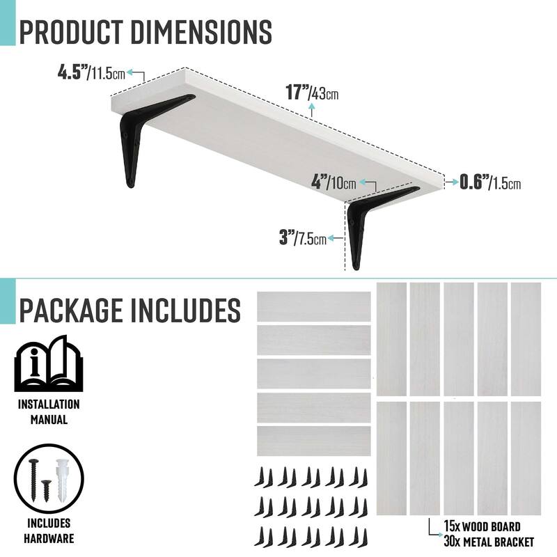 Wallniture Arras 17x4.5" Floating Bookshelves, Hanging Shelves for Living Room, Farmhouse Decor, Custom Finish and Piece Options