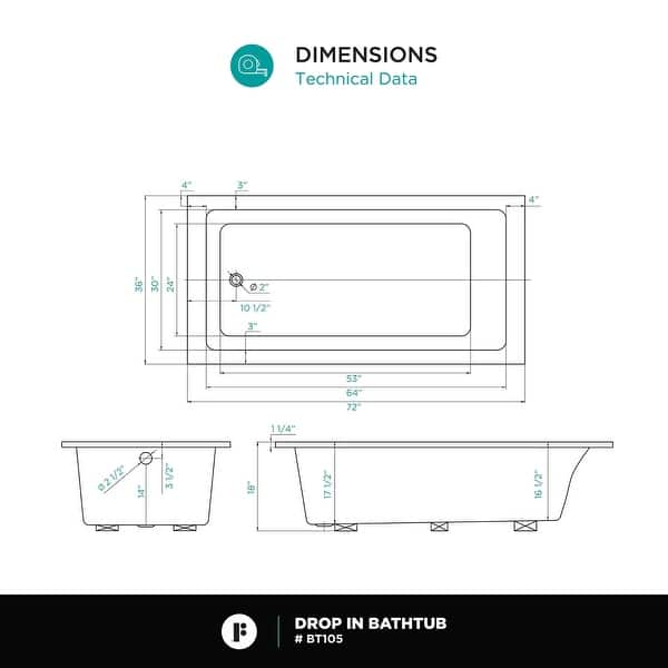 dimension image slide 3 of 5, Fine Fixtures Drop In Soaking Bathtub Fiberglass Acrylic Material