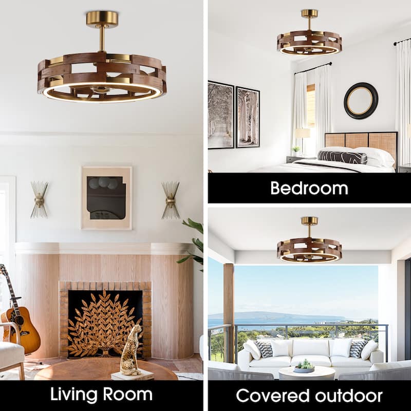 Perimost 28.4" Farmhouse Gold 3-Blade Fandelier Ceiling Fan with Light and Remote