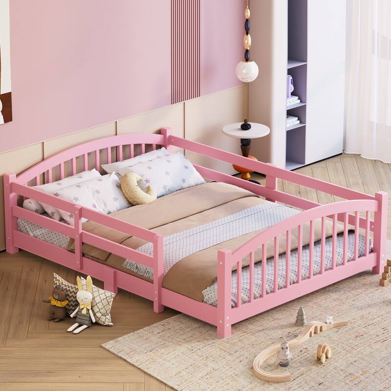 Roomfitters Montessori Floor Bed with Guardrails, Solid Wood Low Platform Bed with Slats, Easy Assembly