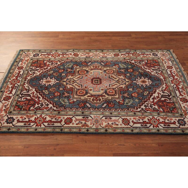 Blue Geometric Heriz Serapi Oriental Rug Hand-Knotted Wool Carpet - 4'0"x 6'1"