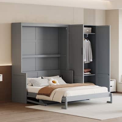 Murphy Bed with Hydraulic Lift System, Queen Size Wall Bed with Closet, Modern Space-Saving Design for Apartments
