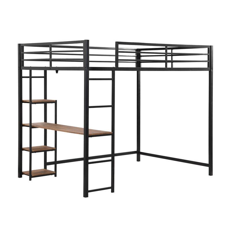 Full Size Metal Loft Bed with Builtin Desk and Storage Shelves, Black