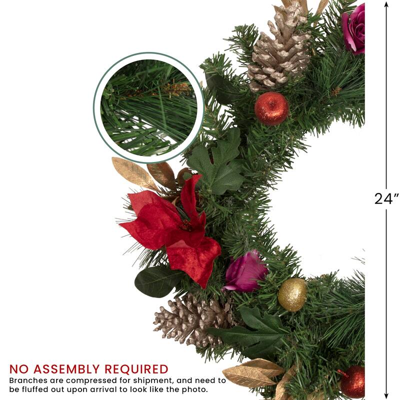 Decorated Red Poinsettia Rose Artificial Christmas Wreath, 24", Unlit