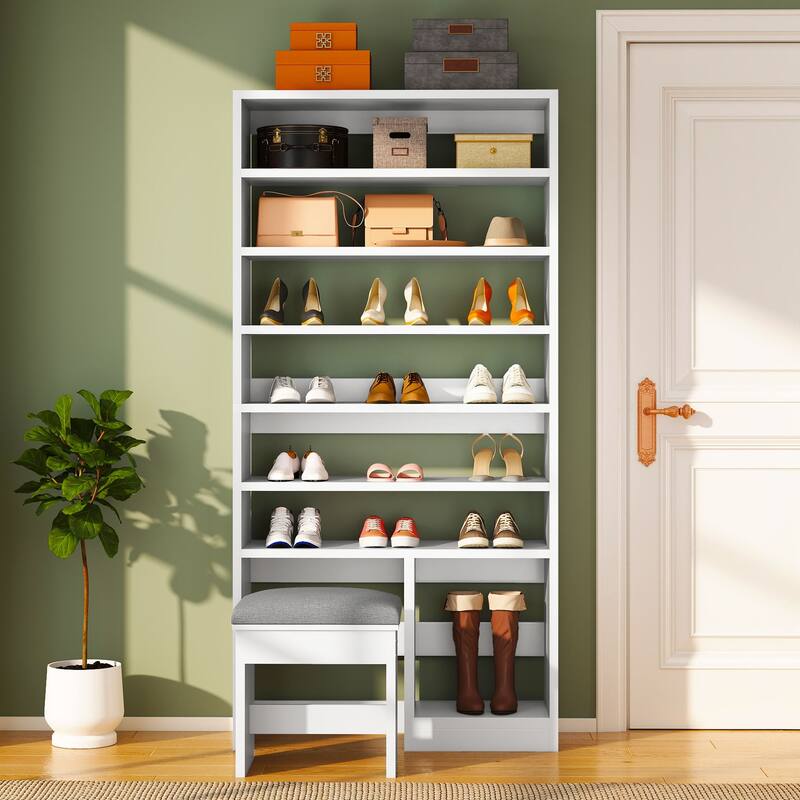 Moasis 8 Tiers Free Standing Shoe Cabinet with Hidden Bench, 70.9'' Tall Shoe Racks with Open Storage & High Boots Cubby