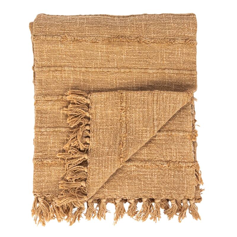 Stonewashed Woven Cotton Slub Throw with Pom Pom Trim and Fringe