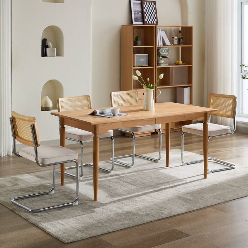 GDF Studio - Mid-Century Linen Dining Chairs with Natural Rattan Cane Back & Chrome Cantilever Base, Set of 2