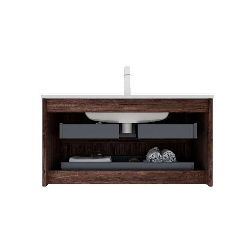 Wall-Mounted Bathroom Vanity Set in White + Deep Walnut with Integrated Ceramic Sink