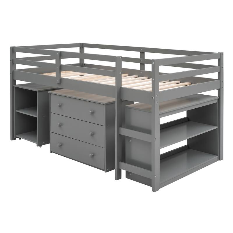 Gray Multiple Functions Twin Low Loft Bed with Cabinet, Shelves and Rolling Portable Desk