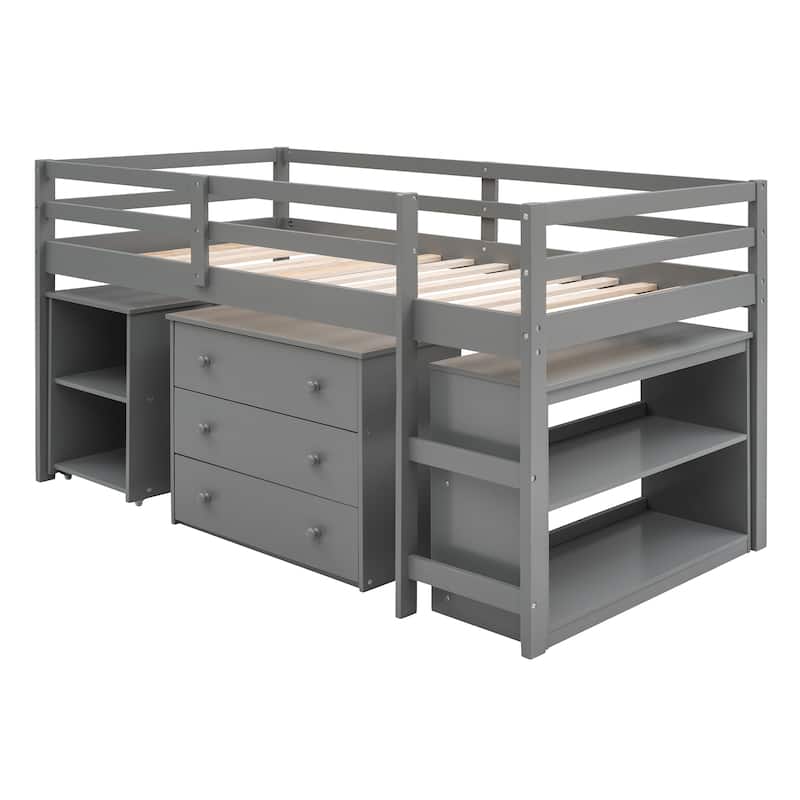 Low Study Twin Loft Bed with Cabinet and Rolling Portable Desk - Bed ...